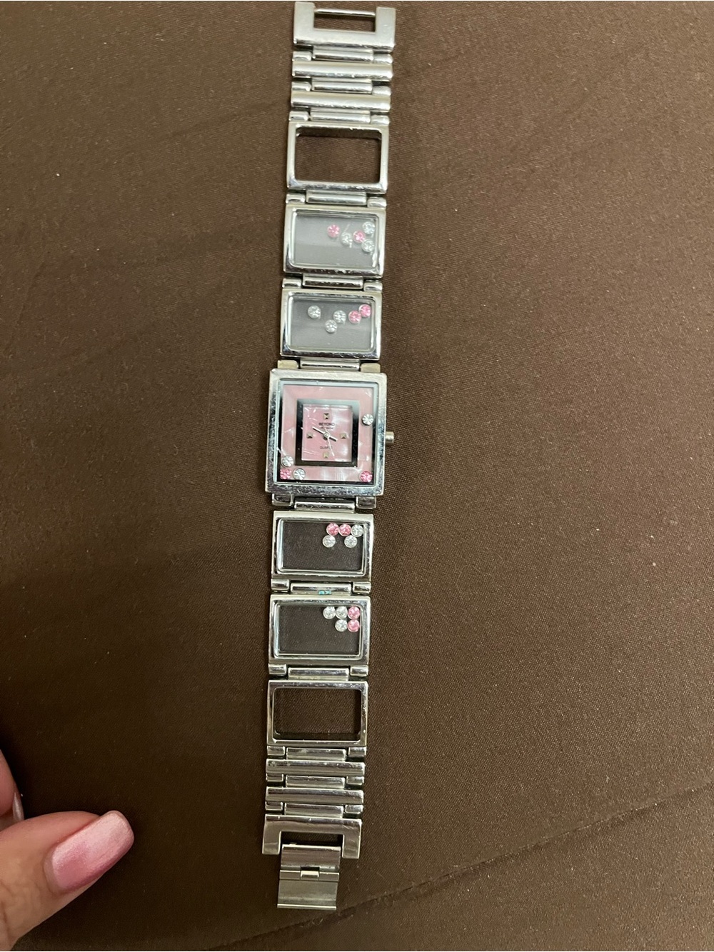 Silver-tone Link Bracelet Quartz Watch with Pink Dial and Crystal Accents